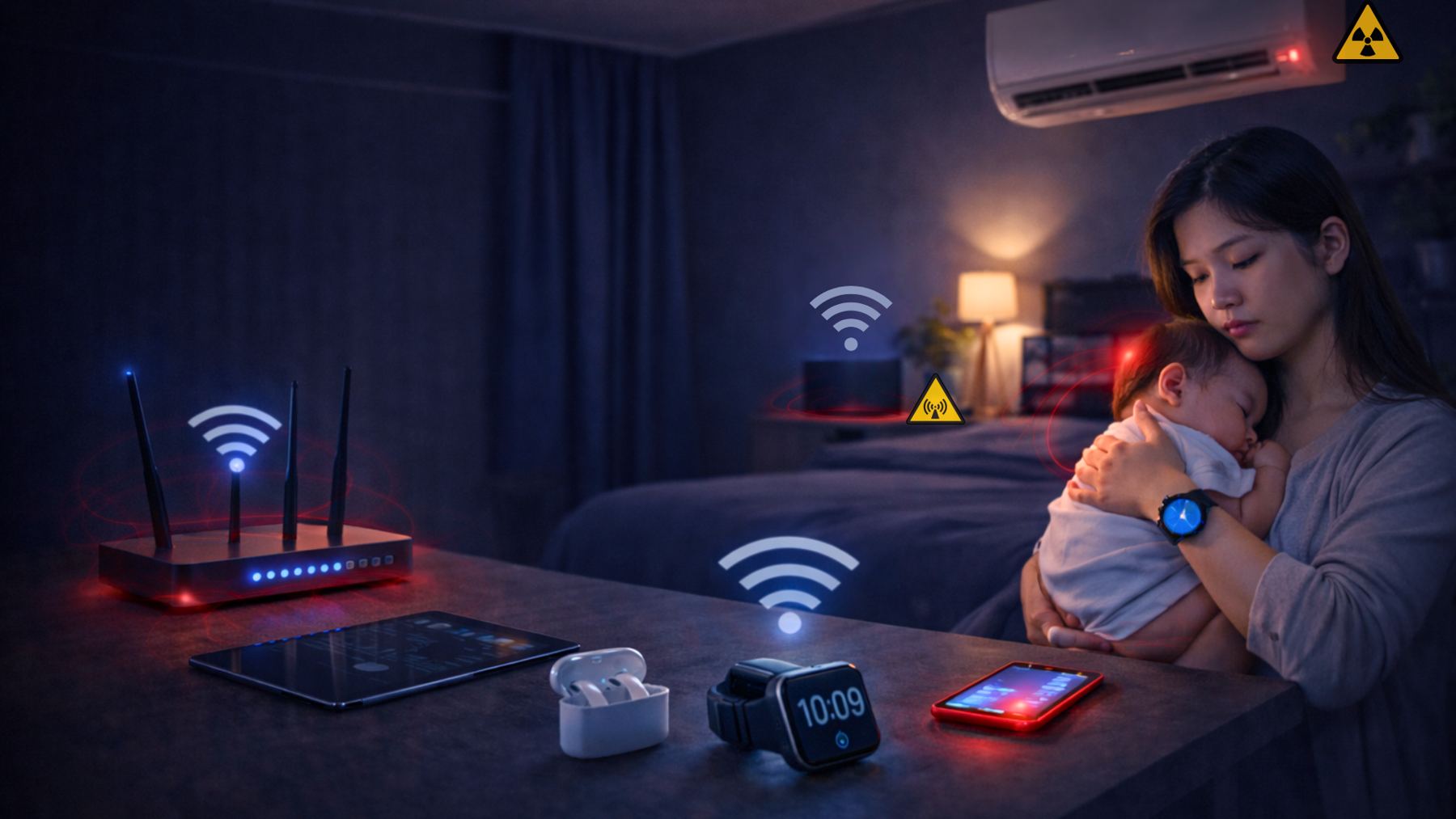 A parent soothing a baby in a dark bedroom surrounded by numbered wireless devices: a router, earbuds, a smartwatch, a phone and an air conditioner