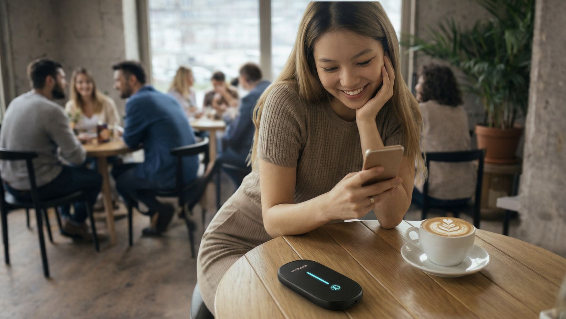 A woman smiles at her phone in a cafe, emGuarde on the table