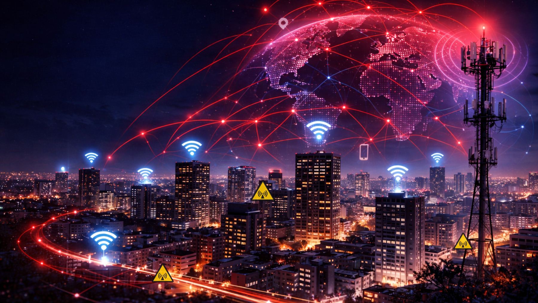 A city at night with a cell tower and wireless signals connecting every building