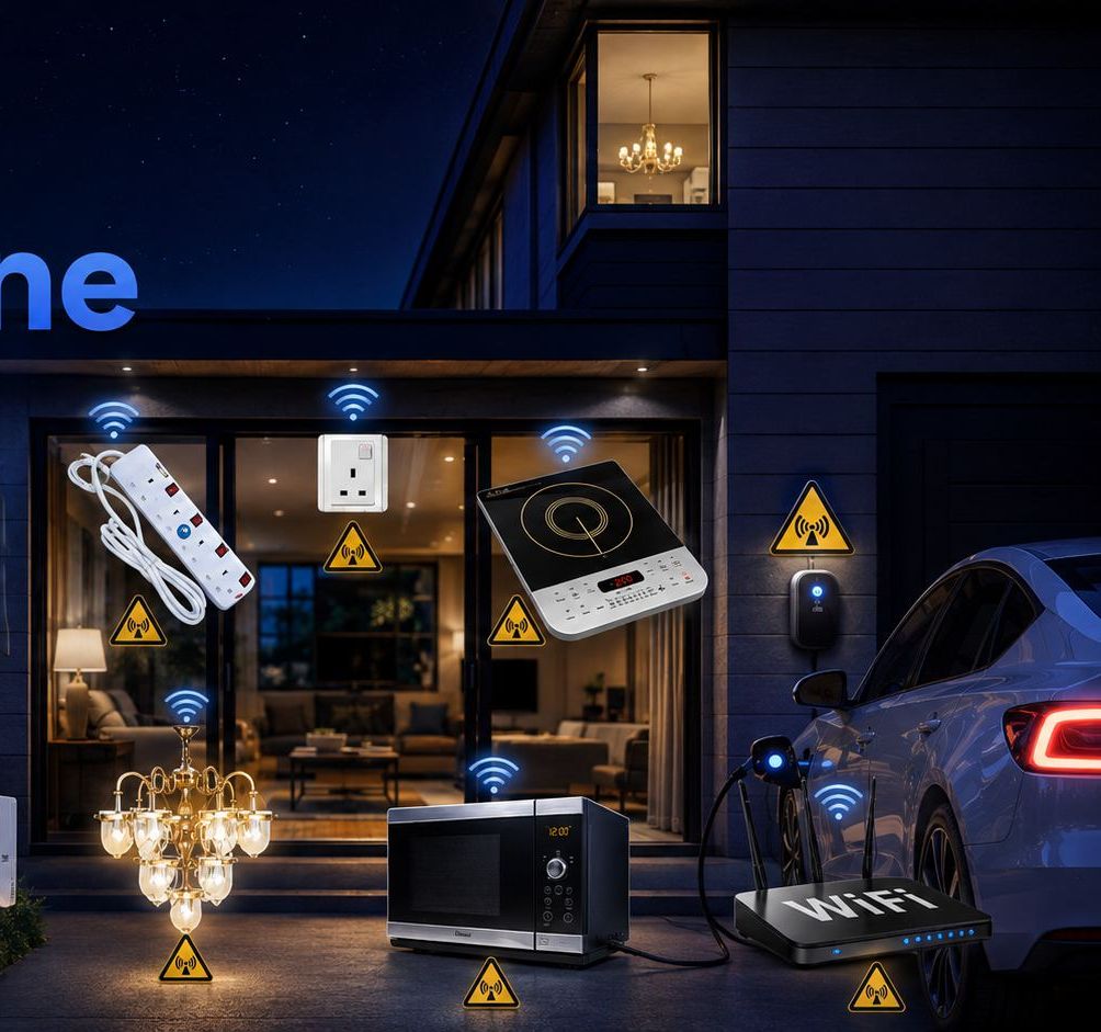 A home at night surrounded by smart devices: TV, router, AC, microwave, chandelier and an EV, each sending wireless signals